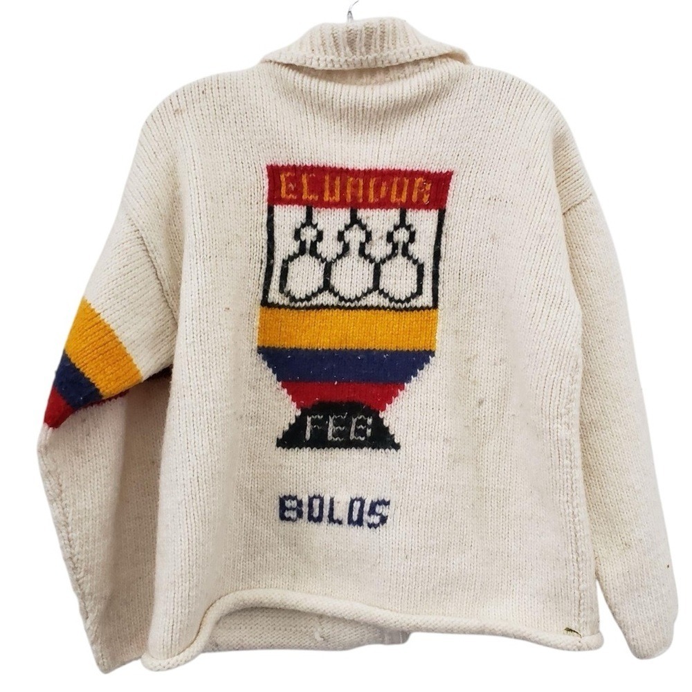 Handmade Ecuador Wool Sweater Jacket Trophy Graphic Full Zip Cardigan Vintage - Picture 5 of 12